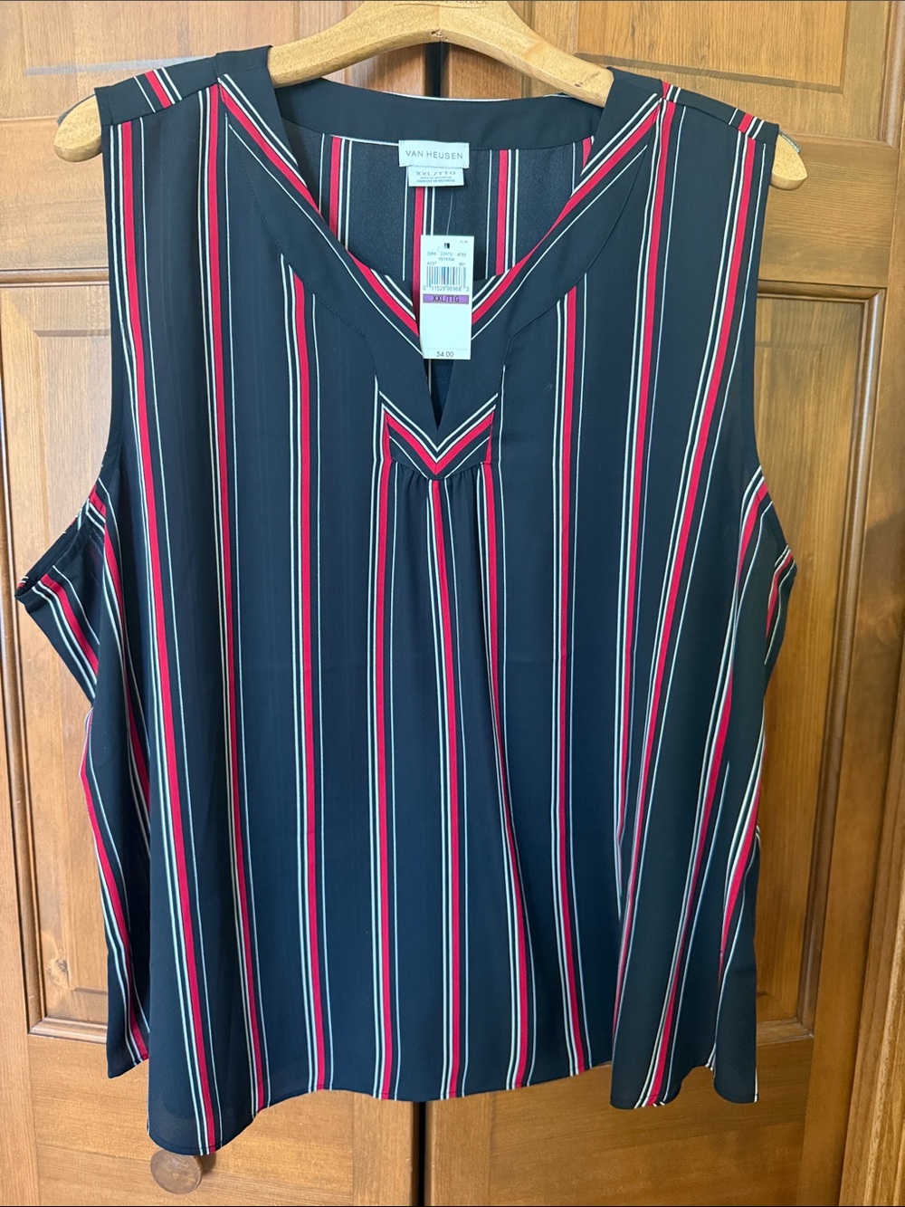 Van Heusen Black Sleeveless V-Neck Top with Red and White Stripes